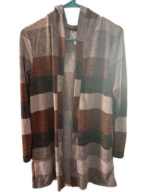 Source Unknown Hooded Open Cardigan in Brown and Gray Stripe
